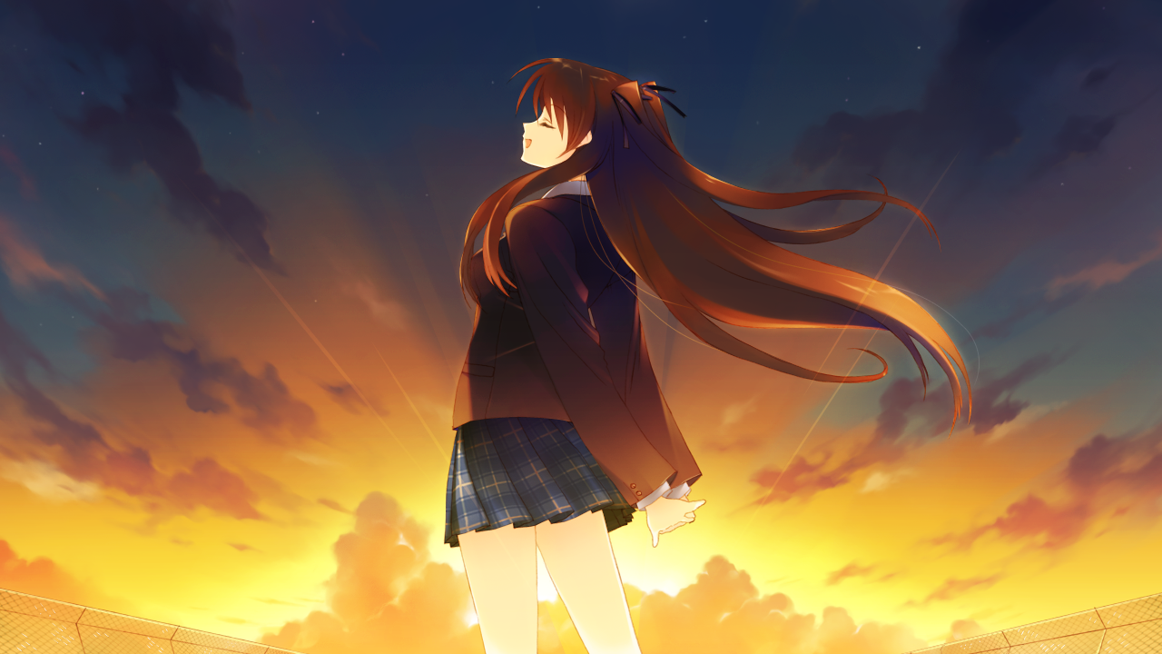 夕阳下，少女迎着风站在天台上
